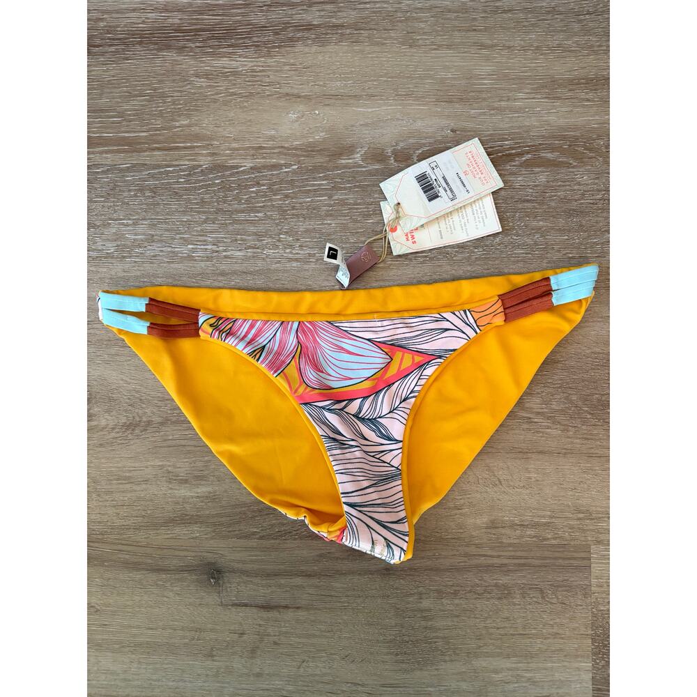 Yellow Tropical Print Bikini Bottom with Accent Straps